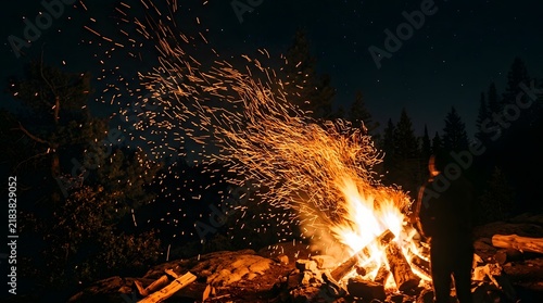 Campfire Sparks in the Dark: A lone figure stands silhouetted against a blazing campfire, with a cascade of fiery sparks ascending into the night sky, set against a backdrop of dark woods.