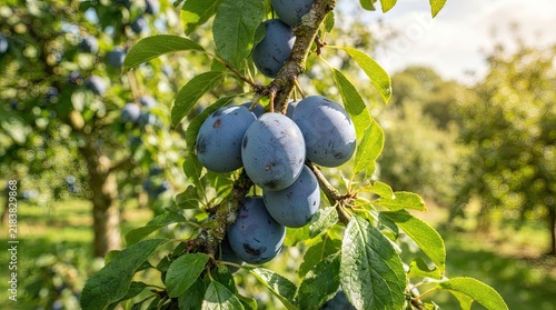 A branch of a plum tree is laden with dark purple plums. The plums are clustered together, hanging from the branches amidst lush green leaves. 