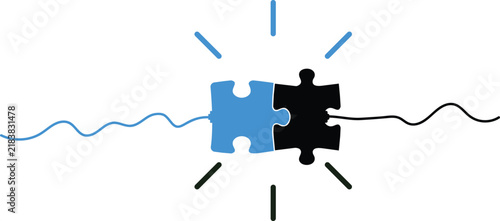 two jigsaw puzzle piece connect, symbolizing partnership, collaboration, and solution finding. blue and black piece with blue burst emanating, abstract concept of connection and integration.