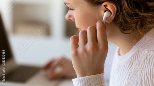 Close-up of a young woman using wireless earbud at home, focused on her device, wearing casual clothing, with a laptop in the background, indoor setting, daytime lighting
