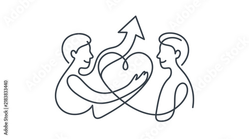 Continuous line drawing of couple forming heart shape.