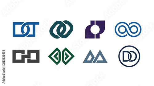 Geometric interlocking line logo icons in blue tones.