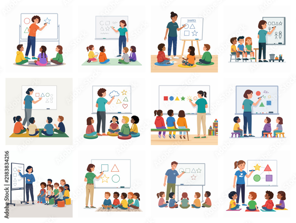 Fototapeta premium Teacher Giving Lesson To Preschool Children In Classroom Vector Set