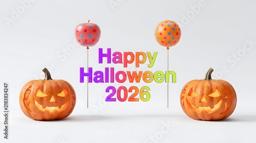 Happy halloween 2026 message with two glowing carved pumpkins and balloons on white background.