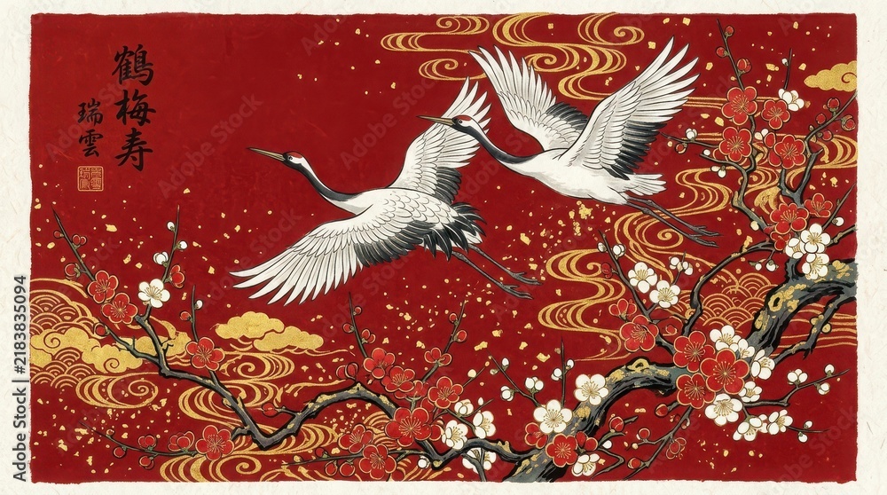 Fototapeta premium Two white cranes flying over a red background with oriental floral patterns and golden clouds in a traditional style illustration