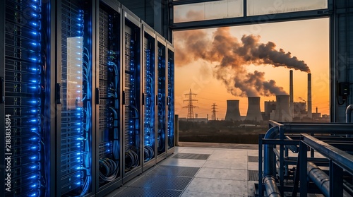 Server racks with blue lights beside industrial power plant at sunset