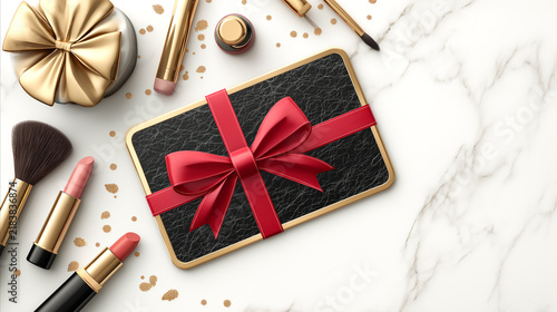 Elegant black and gold gift card with a red ribbon surrounded by cosmetics, makeup brushes and lipstick on marble, representing beauty, shopping, luxury gifts and self care.