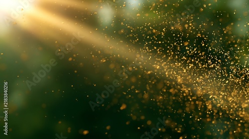 Golden dust particles floating in sunlight rays