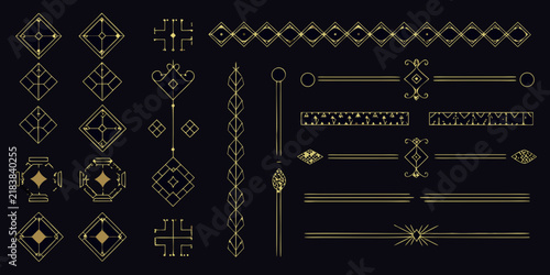 A collection of geometric art deco ornaments showcases a golden linear style against a dark background artdeco ornament pattern design element vector graphic