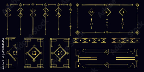 A collection of golden art deco ornaments and geometric dividers against a dark background artdeco ornament divider vector illustration lines shapes design element