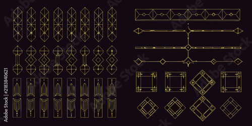 A collection of golden geometric art deco ornaments and linear frames is displayed against a dark background artdeco ornament divider pattern design element