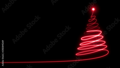A glowing red neon light trail in the shape of a spiral christmas tree with a bright star at the isolated on a solid black background