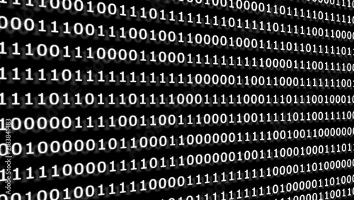 A perspective view of digital binary code with white ones and zeros on a black background, creating a sense of depth and data flow