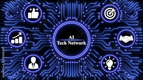 Ai tech network interface with glowing blue circuit board patterns and circular on a dark background, for artificial intelligence visualization