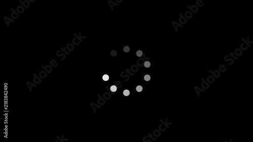 Circular loading spinner made of white dots arranged in a ring isolated on a dark black background, for digital interface progress