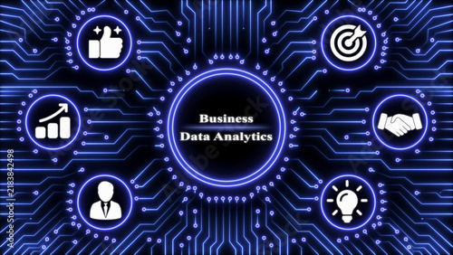 Business data analytics interface with glowing blue circuit board patterns and circular on a dark background, for corporate data visualization
