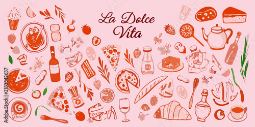 A hand drawn red ink illustration depicts an assortment of italian cuisine and produce on a pink background italianfood pasta pizza spaghetti tomato