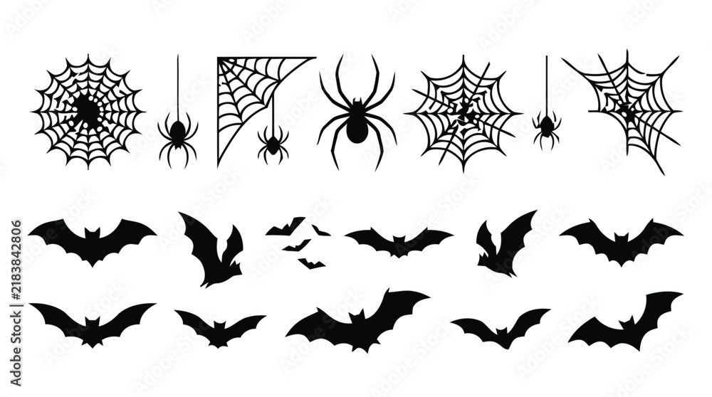Fototapeta premium Collection of black spider web silhouettes and various flying bat shapes isolated on a white background, for halloween themed, projects and seasonal, holiday decorations