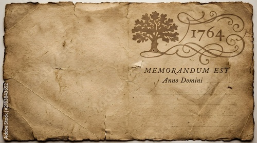 Vintage Memorandum from 1764: An aged, textured piece of parchment featuring a detailed oak tree illustration and ornate script announcing Memorandum Est Anno Domini.