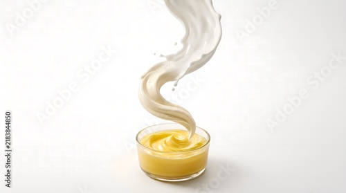 Milk splash swirling down into a glass bowl of fresh yellow custard cream, isolated on white background.