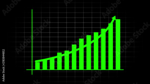 Green bar chart showing upward growth trend with an arrow on a black background, with a subtle, grid pattern for, financial data analysis
