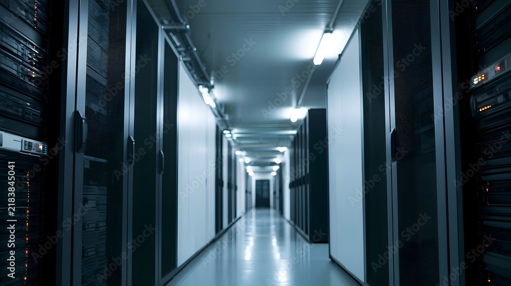 Obraz premium Long corridor of server racks in a modern data center with cool blue lighting and reflective floor