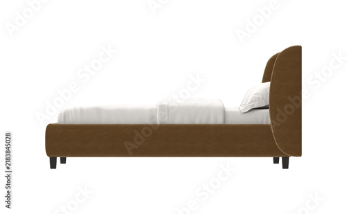 Картината върху платно Modern upholstered bed with white linens and a single pillow on a white backgrou