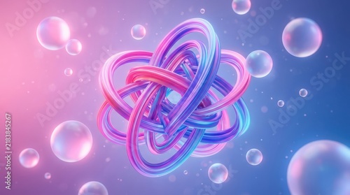 Abstract 3d design with colorful floating rings and glowing bubbles in a soft purple and blue gradient background