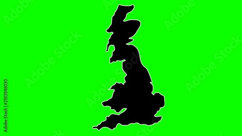 Black silhouette map of United Kingdom on vibrant green screen background