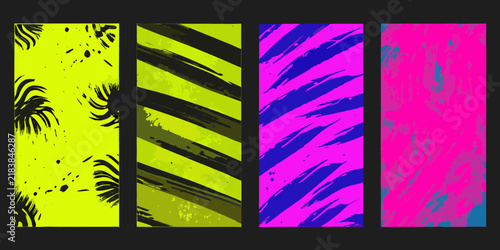 Set of five vertical grunge art panels featuring bold layered brushstroke patterns in vibrant neon colors abstract background colorful contemporary creative design distressed