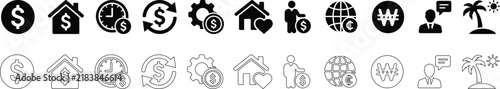 Set of various black and white business and finance icons representing banking real estate technology and travel concepts