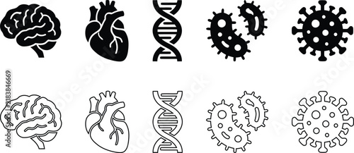 A collection of monochrome medical icons depicting a brain a heart deoxyribonucleic acid a virus cells and human fingerprints