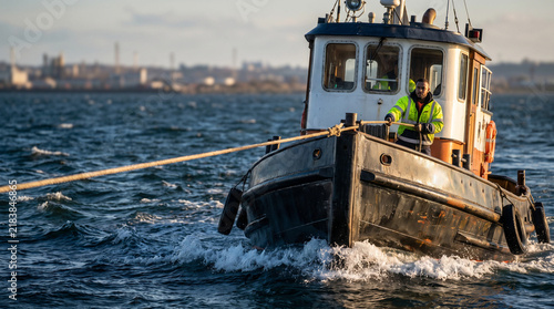Tugboat towing line, Tugboat with male worker in safety jacket pulling rope on open water