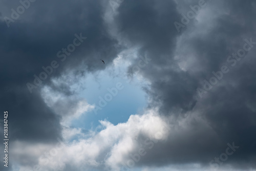 Bild auf Leinwand Dramatic Storm Clouds Opening to Blue Sky With Lone Bird Overhead and Light Brea