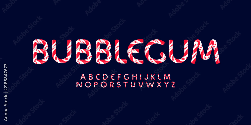 Obraz premium Candy bubblegum letters set with bright red white stripes. Sweet lollipop font. Festival style vector latin alphabet. Fonts for event, promo, logo, banner, monogram and poster. Typeset design