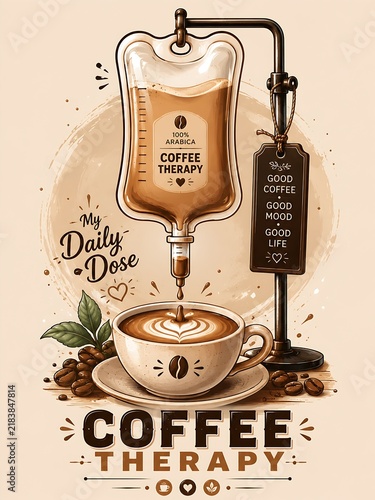 Funny caffeine energy concept showing IV bag dripping hot coffee into ceramic cup