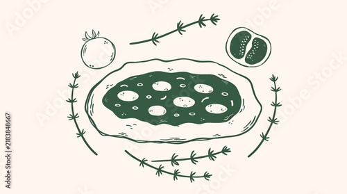 Hand Drawn Pizza Ingredients Flat Lay Vector Set with Tomatoes Basil and Fresh Pizza Crust