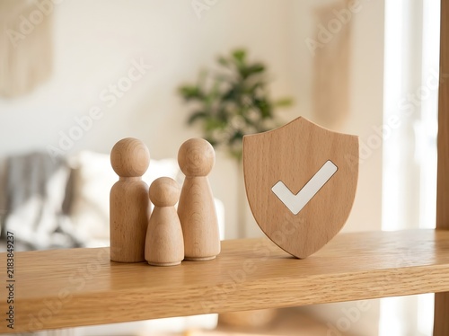 Wooden family figurines standing beside a wooden shield icon with a check mark