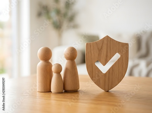 Wooden family peg dolls next to a wooden shield symbol with a check mark sign