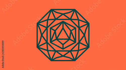 Geometric faceted gem crystal logo on orange background.