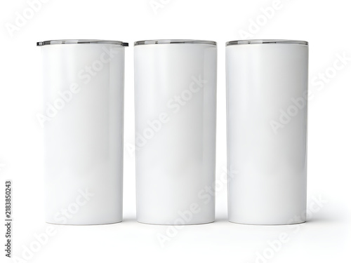 Three blank white stainless steel tumblers for design isolated on white background