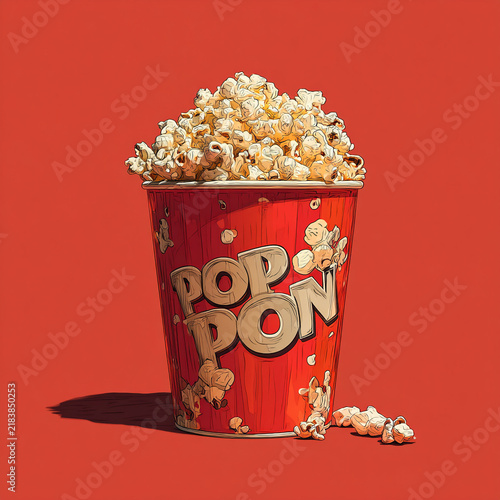 Large red container filled with crispy salted popcorn isolated on red background, entertainment.