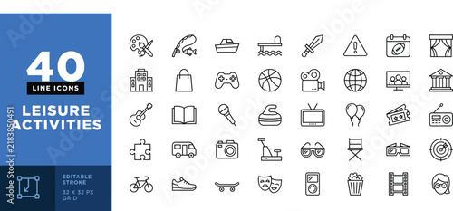 Leisure Activities Editable Line Icon Set Featuring Sports Travel Entertainment Recreation and Hobbies Symbols