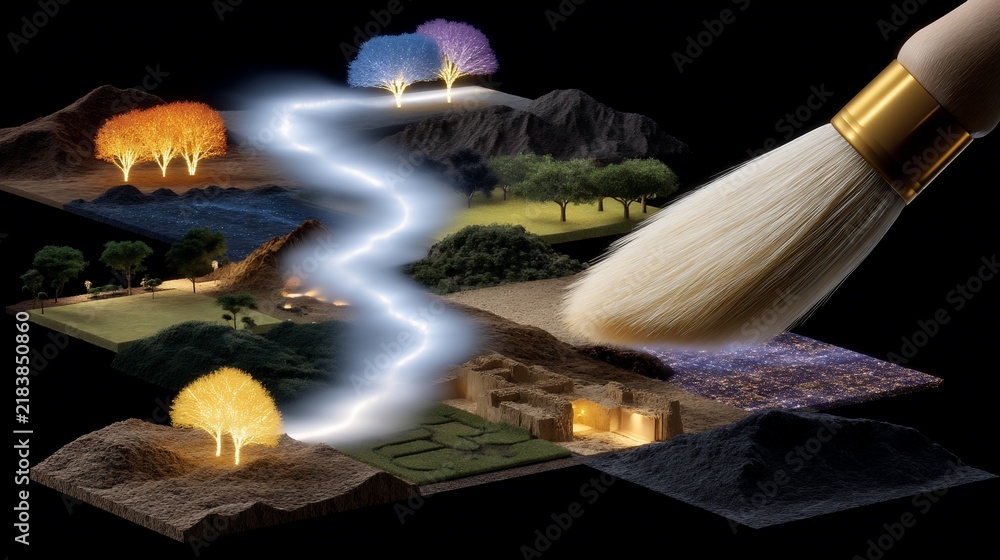 Obraz premium A paint brush creating a vibrant, diverse landscape