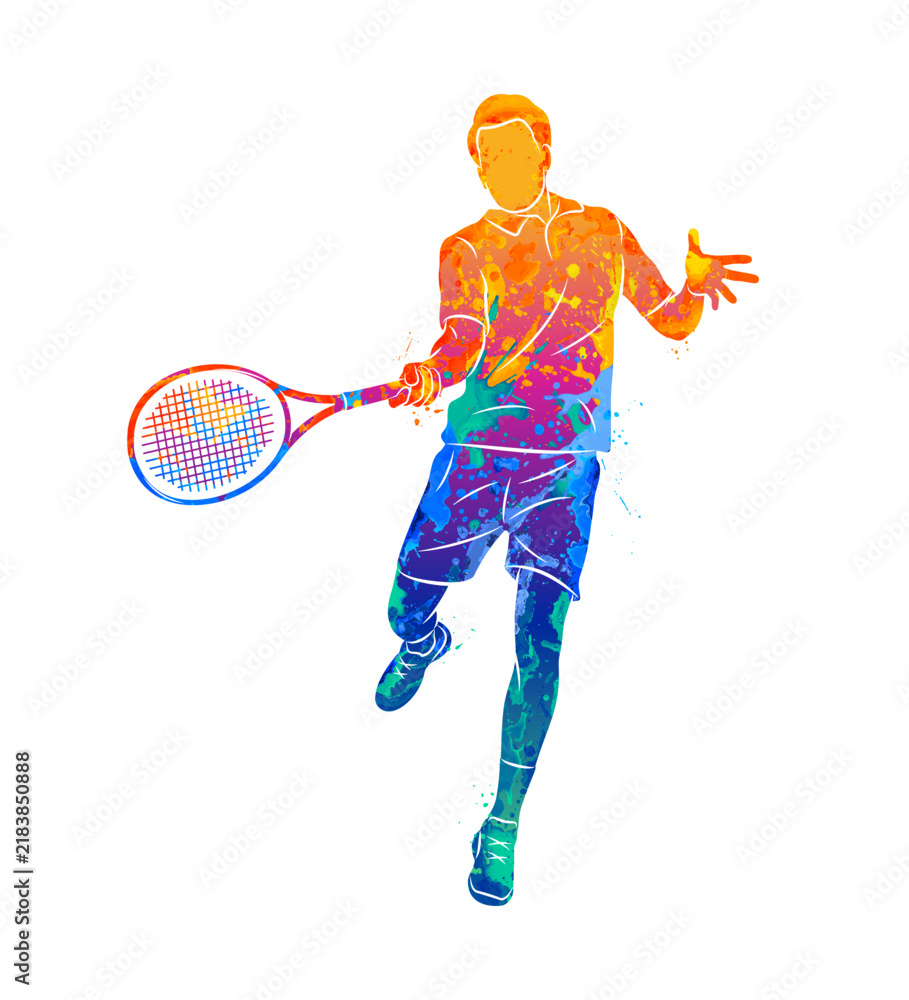 Fototapeta premium Abstract of a tennis player in the process of hitting a racket from splash of watercolors. Vector illustration of paints