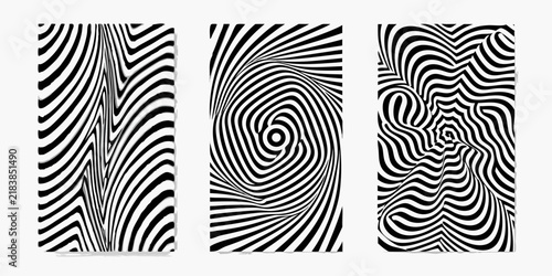 Optical illusion wave patterns with curved lines create a dynamic visual effect across three rectangular panels abstract arrangement artistic blackandwhite circular composition contemporary