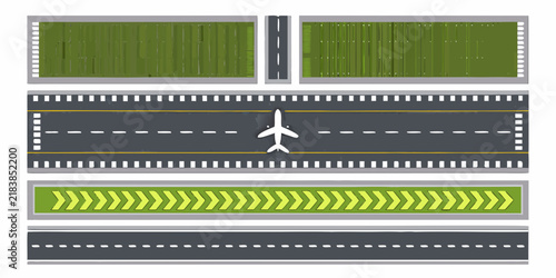 A top down vector illustration depicts an airport runway with green grass and gray concrete sections airstrip aviation aerodrome airfield asphalt taxiway ground