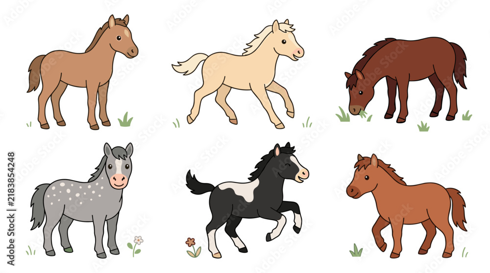 Obraz premium A collection of adorable ponies, including foals and small miniature horse breeds, depicted as miniature equine babies running, walking, grazing, standing, and frolicking in nature, rendered as flat