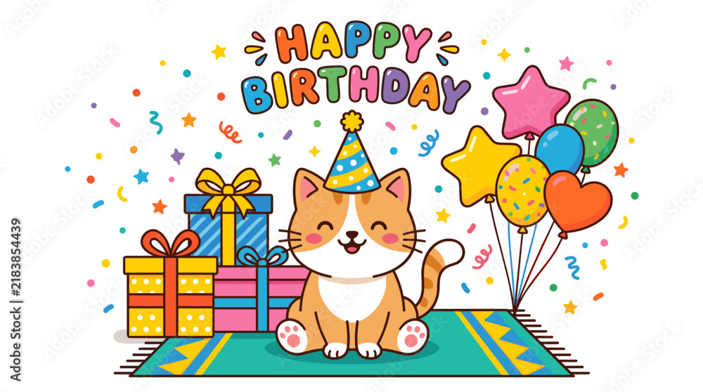 Fototapeta premium A cheerful birthday message paired with a cute cartoon cat wearing a cone hat, positioned beside gift boxes, balloons, and confetti, all set against a festive backdrop; a flat‑style illustration