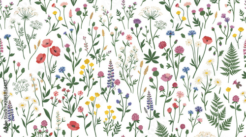 A stunning floral design featuring wild, blooming flowers and meadow herbs set against a white backdrop, offering an elegant, realistic illustration suitable for wrapping paper and wallpaper